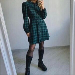 Zara Corduroy Green and Black Plaid Shirt Dress